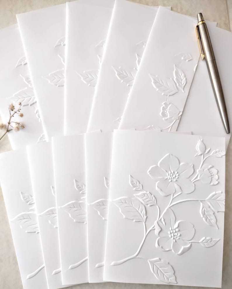 Wild Rose Note Cards, set of 5 or 10 embossed notecards with matching envelopes, A2 size 4.25 x 5.50 white embossed stationary gift for her image 5