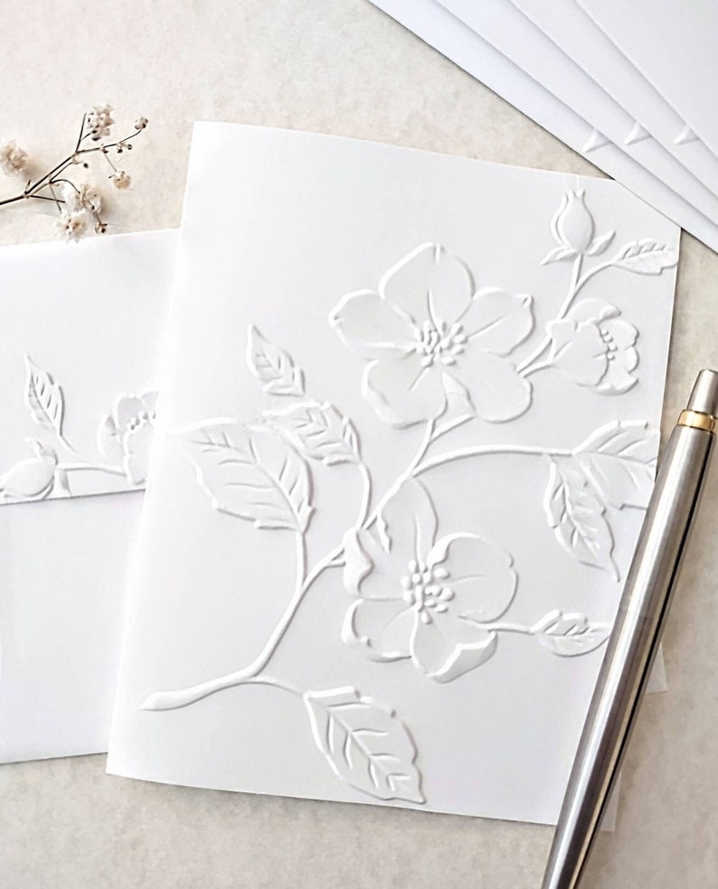 Wild Rose Note Cards, set of 5 or 10 embossed notecards with matching envelopes, A2 size 4.25 x 5.50 white embossed stationary gift for her image 1