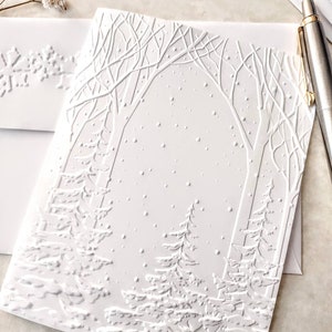 Snowy Woods Christmas notecards, A2 size 5.5 x 4.25 inches with matching envelopes, White Christmas Tree Cards, Winter Thank You Notes immagine 5