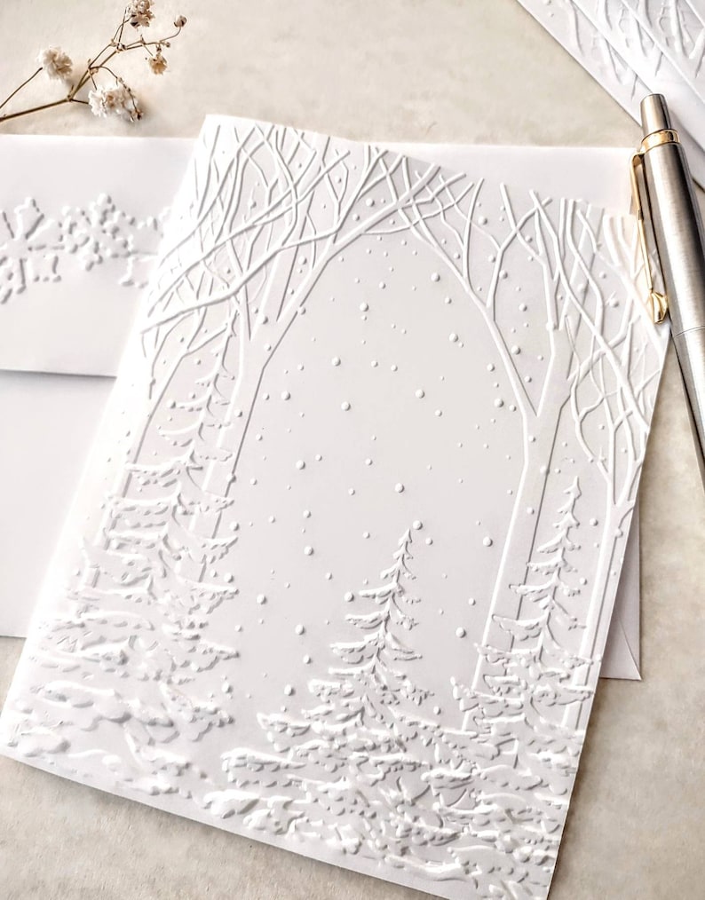 Snowy Woods Christmas notecards, A2 size 5.5 x 4.25 inches with matching envelopes, White Christmas Tree Cards, Winter Thank You Notes image 5
