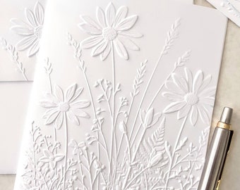 Embossed Wildflower Notecards, A2 Size 4.25 x 5.50" With Embossed Envelopes, White Flowers Stationary Set, Blank All Occasion Cards