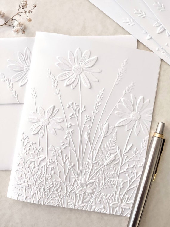 Embossed Wildflower Notecards, A2 Size 4.25 x 5.50" With Embossed Envelopes, White Flowers Stationary Set, Blank All Occasion Cards