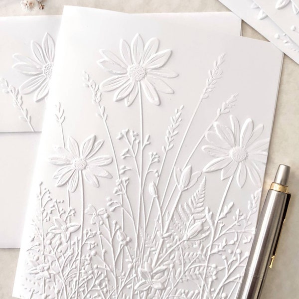 Embossed Wildflower Notecards, A2 Size 4.25 x 5.50" With Embossed Envelopes, White Flowers Stationary Set, Blank All Occasion Cards