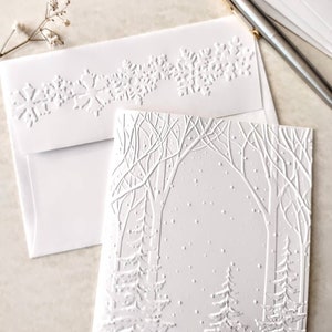 Snowy Woods Christmas notecards, A2 size 5.5 x 4.25 inches with matching envelopes, White Christmas Tree Cards, Winter Thank You Notes immagine 3