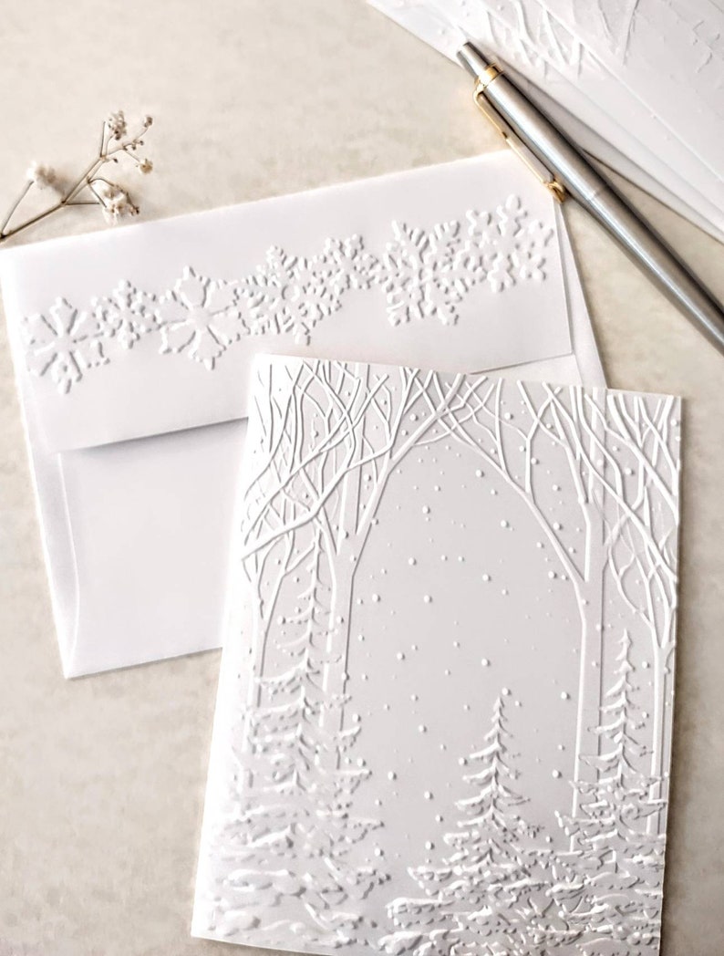 Snowy Woods Christmas notecards, A2 size 5.5 x 4.25 inches with matching envelopes, White Christmas Tree Cards, Winter Thank You Notes image 3