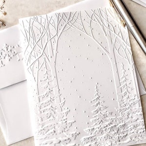 Snowy Woods Christmas notecards, A2 size 5.5 x 4.25 inches with matching envelopes, White Christmas Tree Cards, Winter Thank You Notes immagine 2