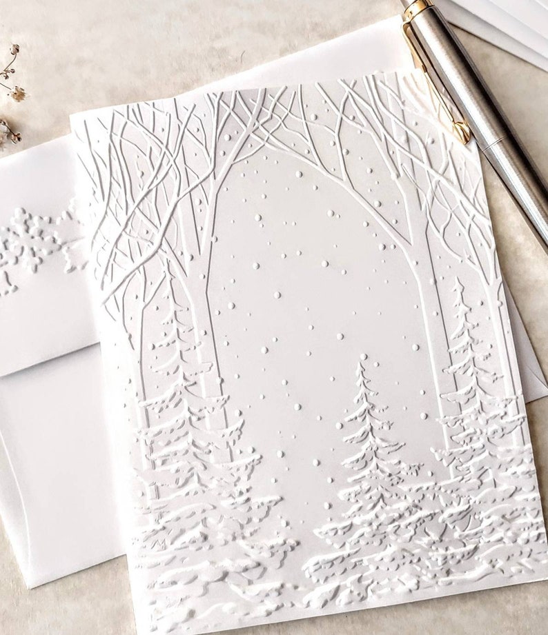 Snowy Woods Christmas notecards, A2 size 5.5 x 4.25 inches with matching envelopes, White Christmas Tree Cards, Winter Thank You Notes immagine 2