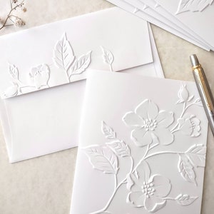 Wild Rose Note Cards, set of 5 or 10 embossed notecards with matching envelopes, A2 size 4.25 x 5.50 white embossed stationary gift for her image 2