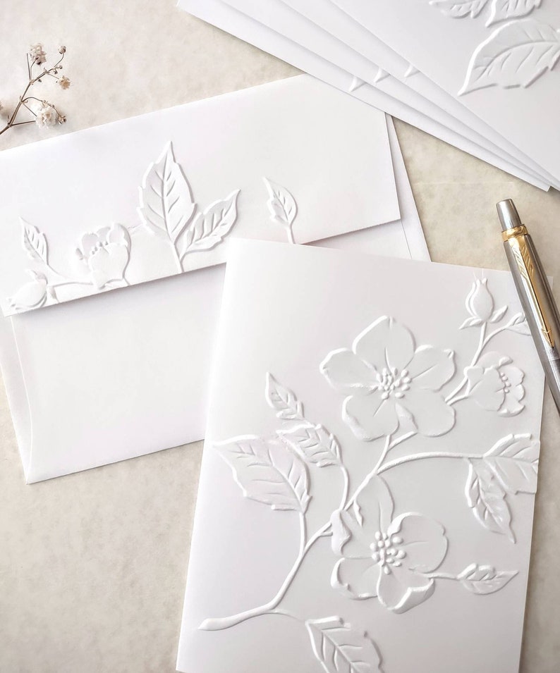 Wild Rose Note Cards, set of 5 or 10 embossed notecards with matching envelopes, A2 size 4.25 x 5.50 white embossed stationary gift for her image 2