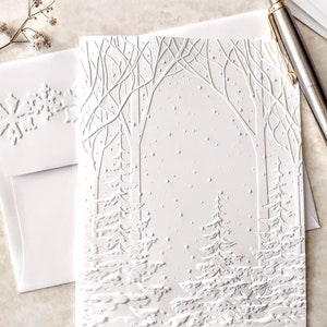 Snowy Woods Christmas notecards, A2 size 5.5 x 4.25 inches with matching envelopes, White Christmas Tree Cards, Winter Thank You Notes immagine 1