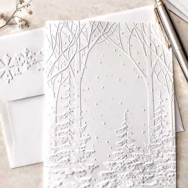 Cartes de Noël Snowy Woods, format A2 5,5 x 4,25 pouces avec enveloppes assorties, cartes de sapin de Noël blanches, notes de remerciement hivernales