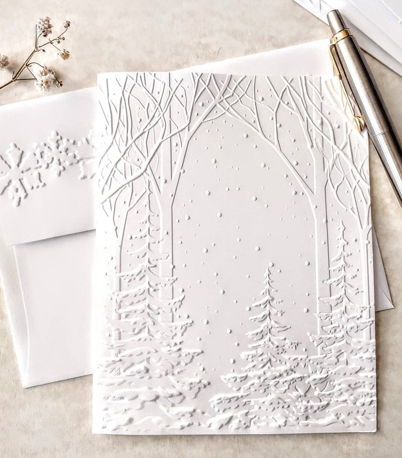 Snowy Woods Christmas notecards, A2 size 5.5 x 4.25 inches with matching envelopes, White Christmas Tree Cards, Winter Thank You Notes image 1