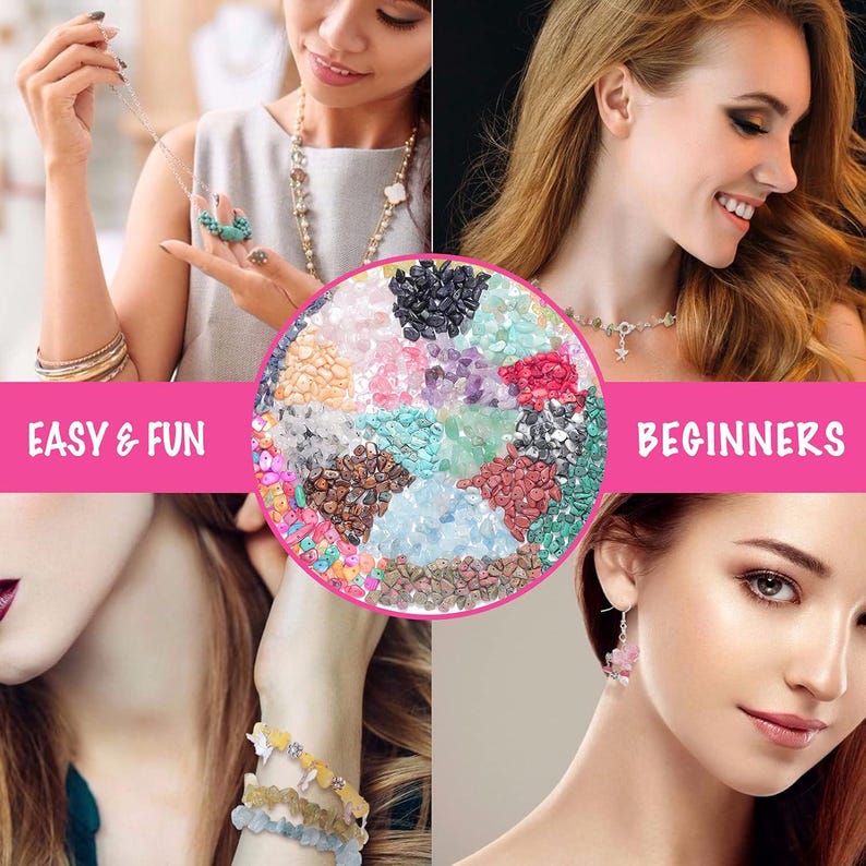 May include: A collage featuring jewelry and a variety of colorful gemstones. The words "EASY & FUN" and "BEGINNERS" are displayed in pink text. The image showcases necklaces, bracelets, and earrings, suggesting a jewelry-making theme.