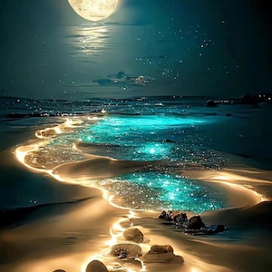 May include: A digital art image of a moonlit beach scene. A full, bright moon illuminates the night sky, reflecting on the water. The water glows with turquoise and gold light, creating a magical atmosphere.