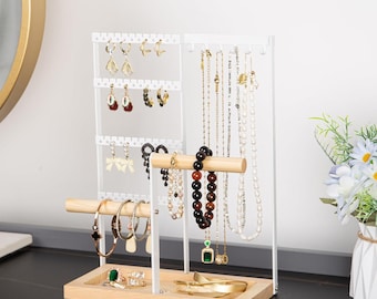 4-Tier Jewelry Organizer Stand: Earring Holder, Necklace Hooks & Base Tray