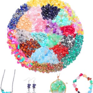 May include: A vibrant assortment of colorful gemstone chips arranged in a circular pattern. The image also features a turquoise necklace, purple earrings with anchor charms, a green gemstone pendant, and a multi-colored bracelet.