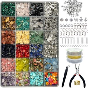 May include: A jewelry-making kit with a variety of colorful gemstone chips, silver-toned charms, earring hooks, and wire. Includes tools like pliers and tweezers. The gemstones are in a clear divided container.
