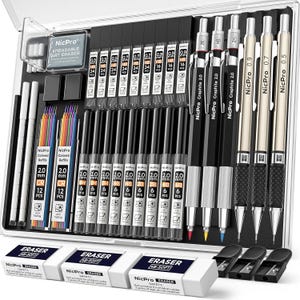 May include: A clear plastic case filled with drawing supplies, including mechanical pencils, lead refills, erasers, and pencil sharpeners. The set includes pencils labeled NicPro Graphite 2.0 and various lead sizes, perfect for artists and designers.