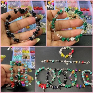 May include: A collection of gemstone bracelets in various colors, including black, green, and turquoise. The bracelets feature silver-toned accents and are displayed against a backdrop of colorful beads and a black surface.