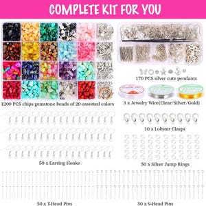 May include: A jewelry-making kit with a variety of components. It includes 1200 gemstone beads in 20 colors, 170 silver pendants, earring hooks, jump rings, lobster clasps, jewelry wire, and T-head and 9-head pins. The text "COMPLETE KIT FOR YOU" is at the top.