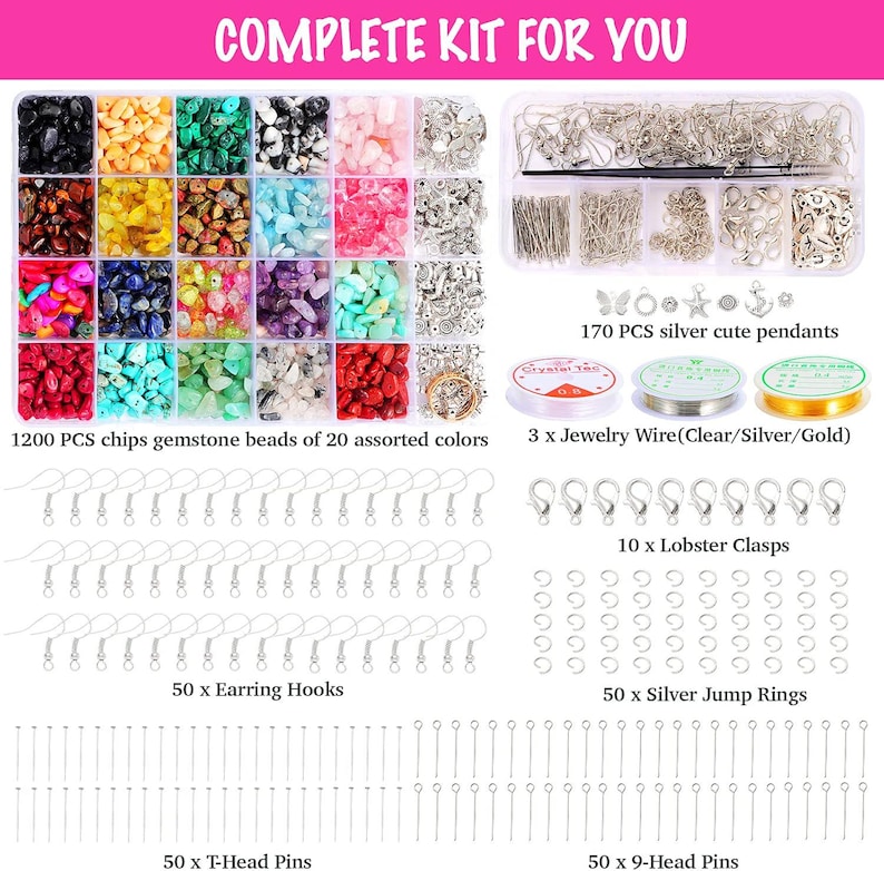 May include: A jewelry-making kit with a variety of components. It includes 1200 gemstone beads in 20 colors, 170 silver pendants, earring hooks, jump rings, lobster clasps, jewelry wire, and T-head and 9-head pins. The text "COMPLETE KIT FOR YOU" is at the top.