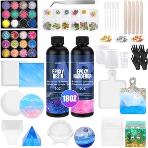 May include: A comprehensive resin art kit featuring epoxy resin and hardener bottles, various molds, glitter, dried flowers, measuring cups, mixing sticks, and gloves. Includes a variety of colors and materials for crafting projects.