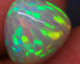 8.2ct Ethiopian Opal | Fiery Mosaic Play-of-Color | 15x15x9mm Round Cab | Natural Welo Crystal Gemstone | Neon Orange & Green Flash