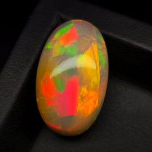 May include: An oval-shaped opal gemstone with vibrant internal colors of red, orange, green, and yellow. The gemstone has a translucent appearance and is set against a dark background.