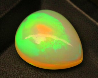 Ópalo etíope natural de 29,6 ct / 26 x 22 mm / Cabujón en forma de lágrima con fuego verde neón y naranja / Piedra preciosa de ópalo Welo / Piedra de joyería de diseño