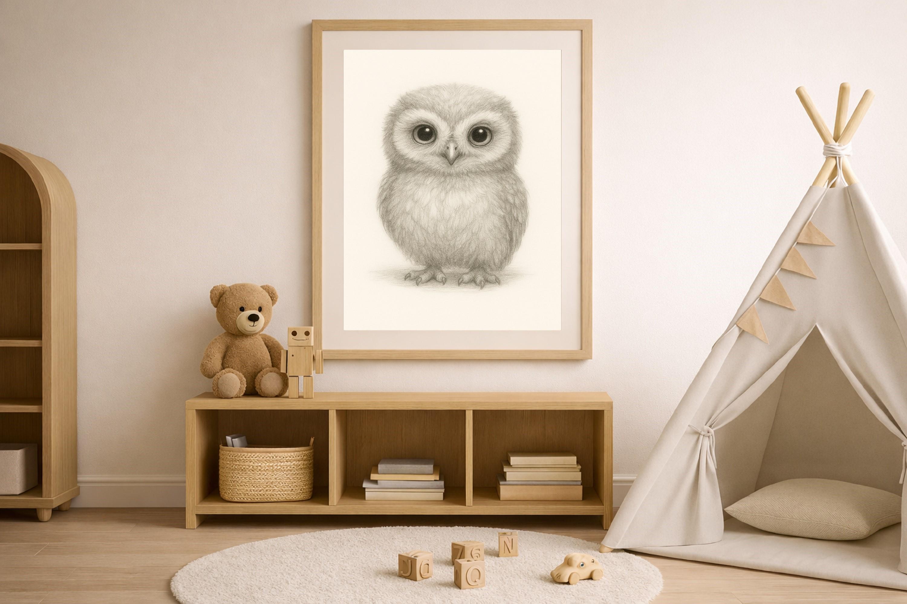 Baby Owl Nursery Wall Art Printable Pencil Sketch Woodland Decor