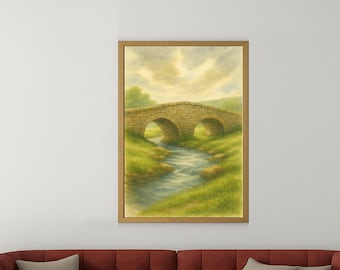 Rustic Stone Bridge Watercolor Print, Countryside Landscape Wall Art, Farmhouse Decor, Digital Download