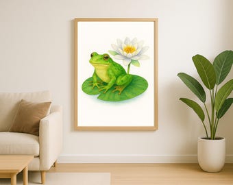 Frog Water Lily Wall Art Printable Watercolour Botanical Pond Print