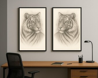 Tiger Pencil Sketch Set of Two Wildlife Animal Wall Art Digital Download