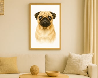 May include: A framed watercolor print of a pug dog. The pug has a tan coat with black markings around the eyes and ears. The artwork is displayed on a white background within a light brown wooden frame.