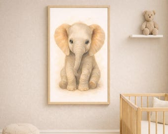 Neutral Woodland Baby Elephant Nursery Wall Art Printable