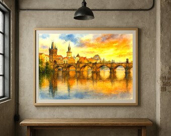Pintura al óleo del Puente de Carlos, arte mural de paisaje urbano de Praga, lámina de viaje de la República Checa, descarga digital