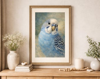 鳥の絵画 / オリジナル油絵の版画 / セキセイインコ / 止まり木に