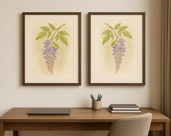 藤の壁掛けアート　印刷可能な水彩画風植物画プリント2枚セット