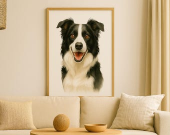 Border Collie Watercolour Pet Portrait Dog Wall Art Digital Download