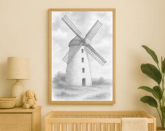 Nixon’s Windmill Pencil Sketch Historic Stone Windmill Wall Art Digital Download