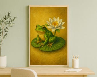 Frog Lily Pad Oil Painting Wall Art Printable Botanical Pond Print