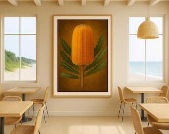 Gele Banksia-olieverfschilderij muurkunst afdrukbare Australische inheemse bloemenprint