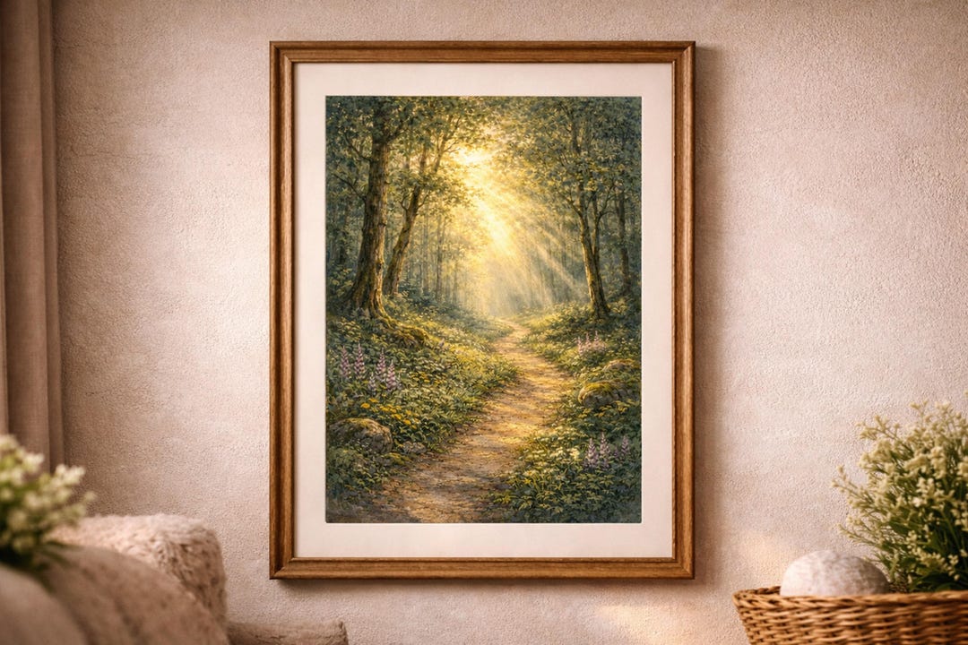 Forest Path Watercolour Wall Art Sunlight Woodland Landscape Printable ...