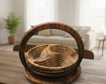 Handmade Wooden Fruit Basket with Handle – Carved Folding Bowl, Rustic Kitchen Decor Gift