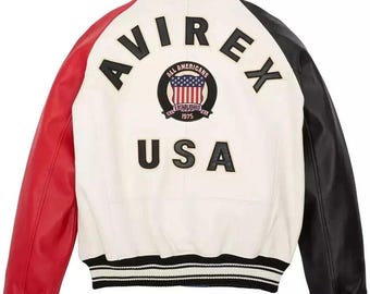 Chaqueta de aviador Avirex USA de piel de vaca auténtica multicolor para hombre, hecha a mano