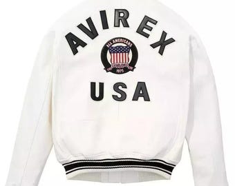 Chaqueta Avirex USA American Bomber Flight de cuero genuino blanco para hombre, hecha a mano