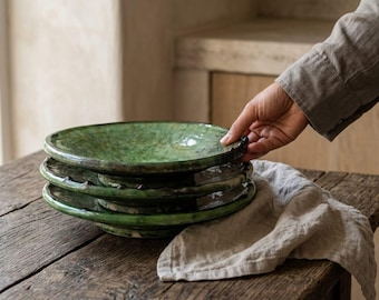 Set of 6 Handmade Tamegroute Green Glazed Ceramic Plates, Moroccan Pottery Serving Dish