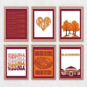 May include: Six framed art prints with a maroon border and wooden frame. The prints feature text and illustrations, including the word "Hokies" repeated, a heart-shaped "Virginia", and a stadium graphic. The color palette includes orange, maroon, and white.