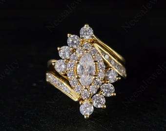 Halo Moissanite Curve Bridal Ring Set 925 Silver 14K Yellow Gold Finish, 2Ct Pear Shaped Engagement Ring, Vintage Wedding Band Set Gift Her