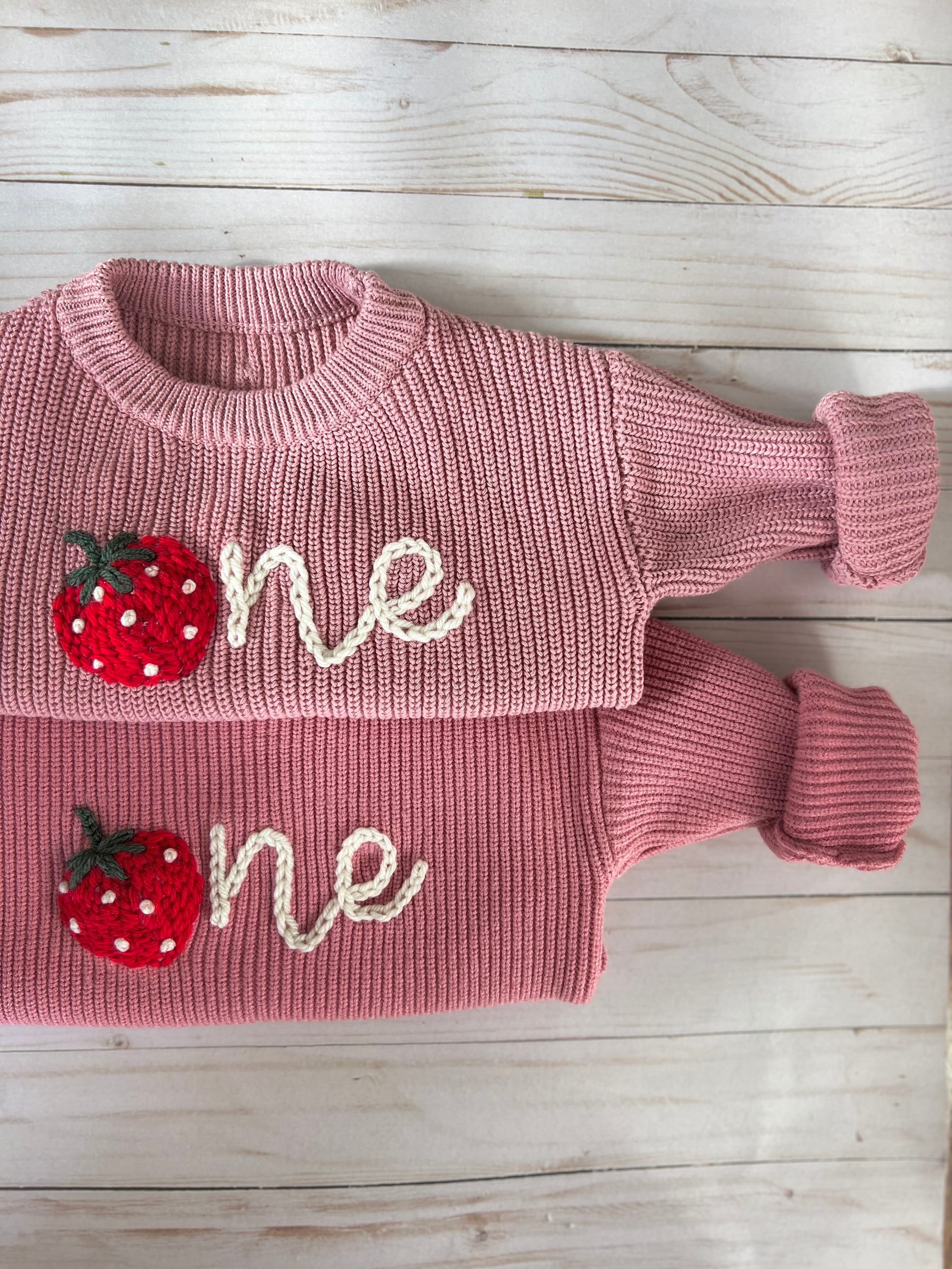 First Birthday Strawberry Sweater - Pink Knit One Birthday Outfit - Baby Girl 1st Birthday Pullover
